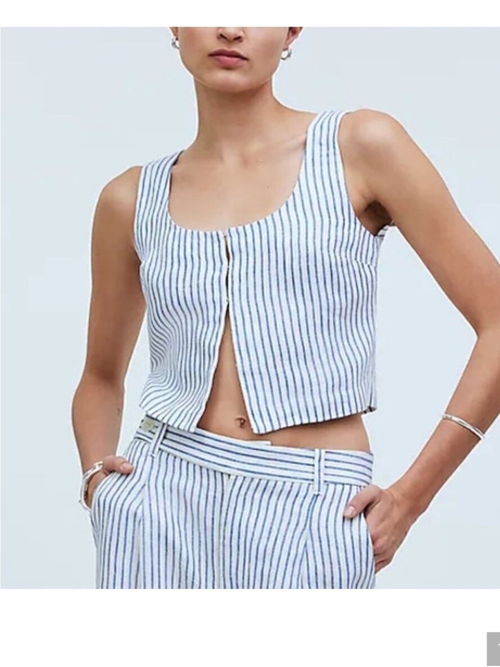 Madewell Blue and White Striped Linen-Blend Crop Tank